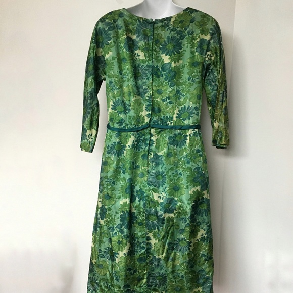 Vintage 60s Dress Below Knee Green Floral Fitted Ambassador Mi-Lady - Picture 7 of 8